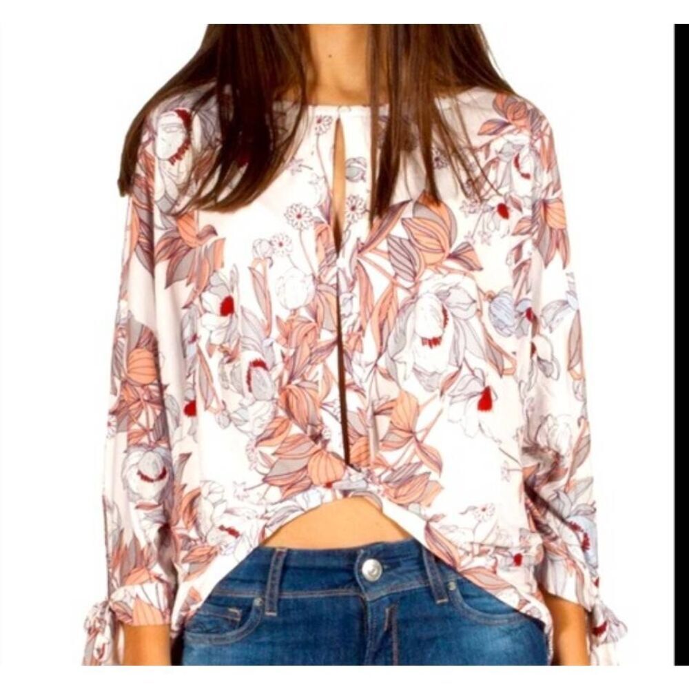 Free People Keepin On Floral Tie Sleeve Crop Front Blouse Size Small